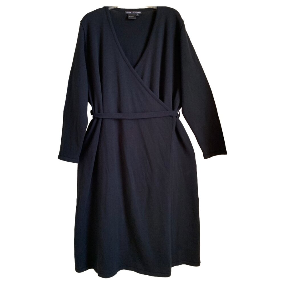 NINA LEONARD Womens Black Long Sleeve Belted Wrap Midi Sweater Dress Size 1x